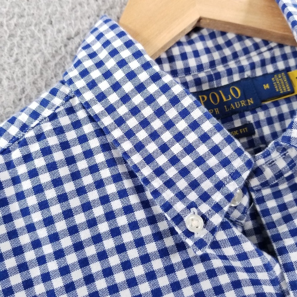 Polo Ralph Lauren Shirt Mens Medium Blue Gingham Check Oxford Classic Fit Dress